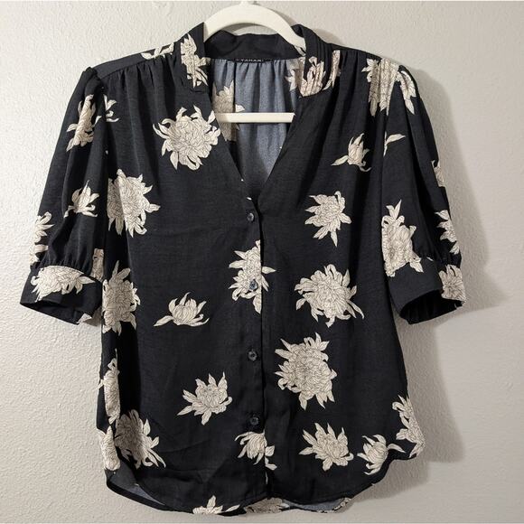 Tahari Black and Cream Floral Blouse Button Down top - Picture 2 of 5